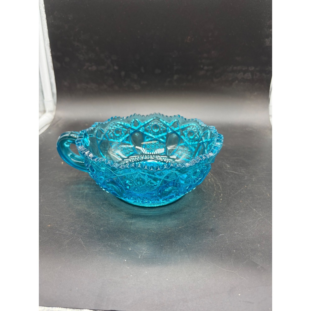 Vintage Aqua Blue Pressed Glass Nappy Dish Starburst Scalloped Single Handle